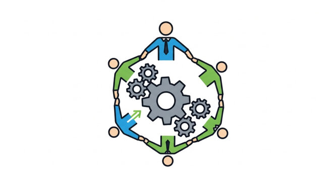 Teamwork and collaboration concept with people holding hands around gears.