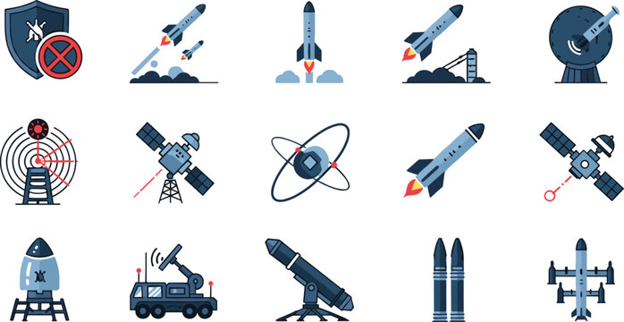 Military Space and Aerospace Vector Illustration Showing Missiles Satellites Radar and Drone Systems