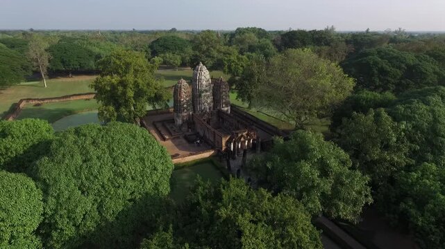 Aerial view of Wat Phra Si Rattana Mahathat ancient ruins in Si Satchanalai Historical Park, Sukhothai, Thailand. 
