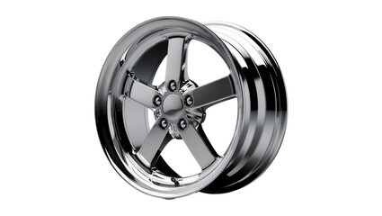 Obraz premium Isolated polished chrome alloy five-spoke car wheel rim for high-performance vehicles