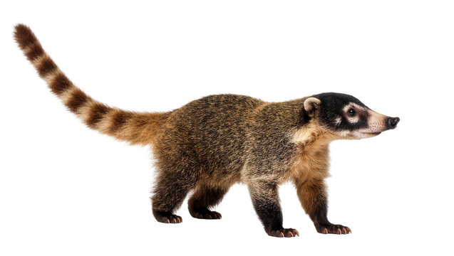 Isolated coati standing side view with distinct black face and long striped tail
