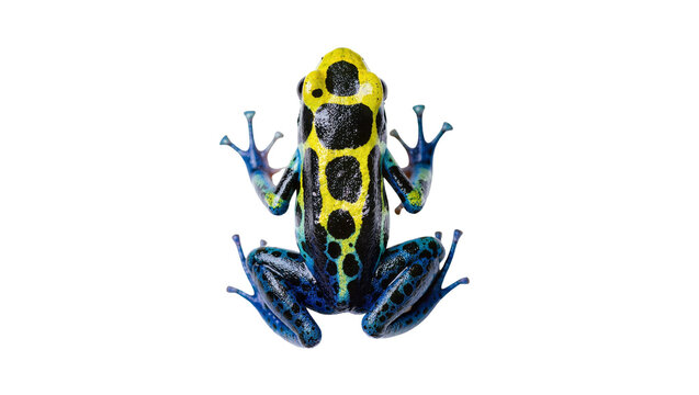 Isolated vibrant blue and yellow poison dart frog, an exotic tropical amphibian animal studio shot