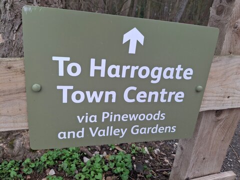 RHS Harlow Carr sign Harrogate Pine Woods Walk Information post