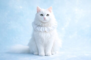 Elegant white cat with ruffled collar.