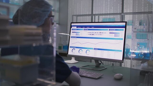Female scientist in protective wear working in a research laboratory. Typing on a computer and examining the data