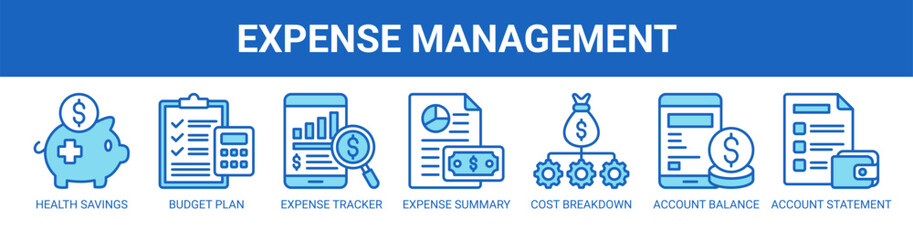 Fototapeta premium Expense Management web banner icon vector illustration concept with icons of health savings, budget plan, expense tracker, expense summary, cost breakdown, account balance, and account statement.