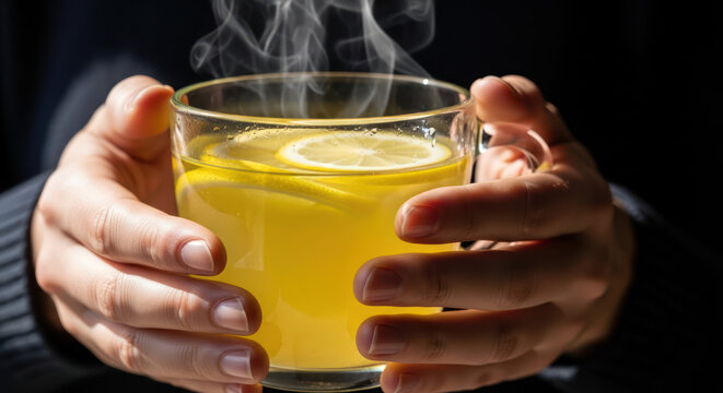 Close-up of hands holding a steaming mug of lemon tea against a dark background.