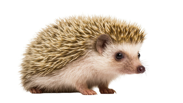 Isolated African pygmy hedgehog studio portrait, cute small mammal with spiky quills