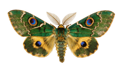 Isolated vibrant green and yellow moth with prominent blue eyespots, intricate wing patterns © Isabel