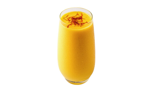 Isolated Refreshing mango lassi drink with saffron strands in a glass, perfect for summer