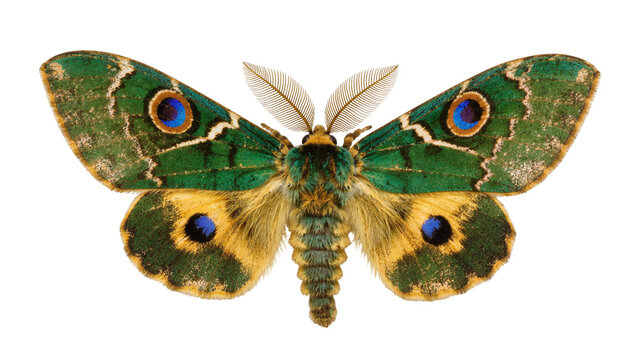 Isolated vibrant green and yellow moth with prominent blue eyespots, intricate wing patterns