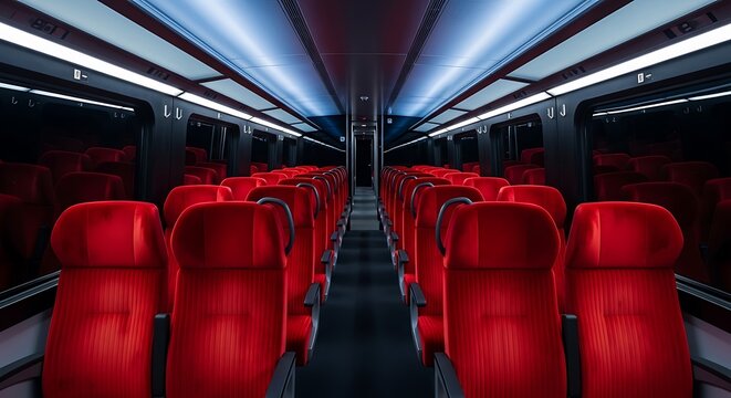 Interior view of a passenger train car with rows of red seating, perspective framing