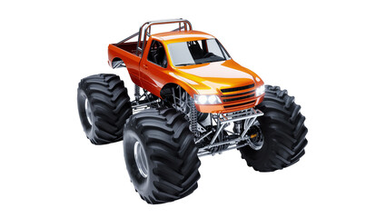 Isolated dynamic orange monster truck with huge wheels and detailed chrome suspension © Isabel