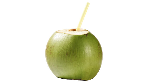 Isolated fresh green young coconut fruit with drinking straw, delicious tropical summer beverage