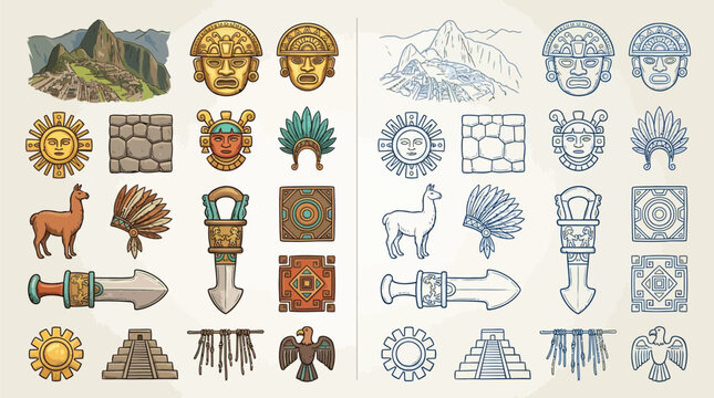 Collection of colorful and line-art illustrations of ancient Inca civilization symbols, including Machu Picchu, masks, sun god, llama, and weaponry.