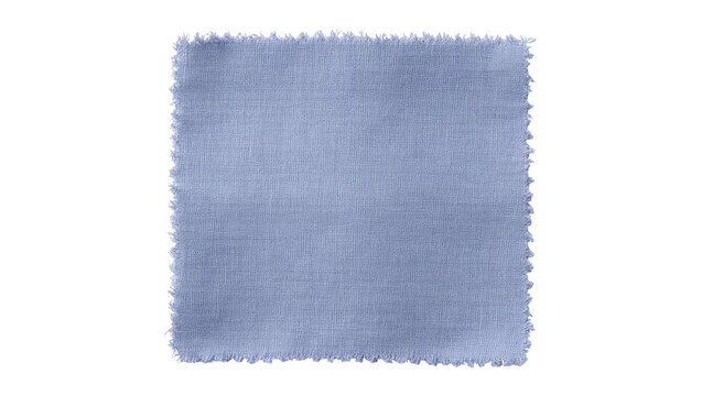 Isolated blue linen fabric swatch with frayed edges, natural textile material texture sample