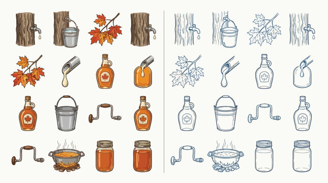 Collection of illustrations depicting the process of making maple syrup, from tapping trees to bottling the final product.