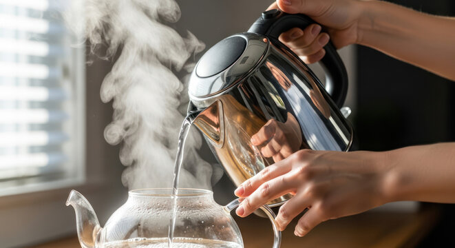 Person pouring boiling water from electric kettle into glass teapot on table by window with steam