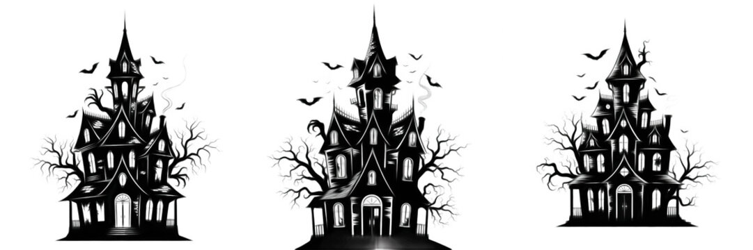 Set of spooky haunted house silhouettes with bats and creepy trees isolated on white background for Halloween design