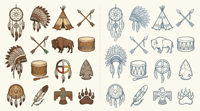 Collection of Native American cultural symbols and icons, including dreamcatchers, headdresses, tipis, and animal representations.