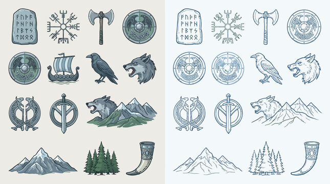 Collection of Norse and Viking symbols, runes, animals, and natural elements in a detailed illustration style.