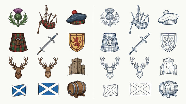 Collection of Scottish cultural symbols and icons, including a thistle, bagpipes, kilt, and Scottish flag, presented in both color and outline.