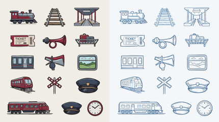 Collection of colorful and blue line art icons representing various elements of train travel, including locomotives, carriages, tracks, stations, tickets, and accessories. © renender