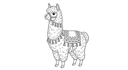 Fototapeta premium Line art of a llama with decorative saddle and halter, isolated on white