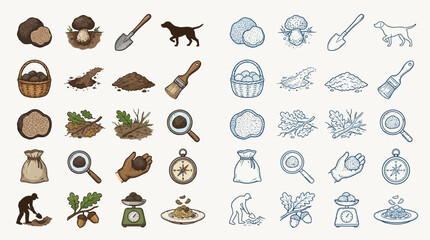 Collection of illustrations depicting the process of truffle hunting, including tools, dogs, and the fungi itself. © renender