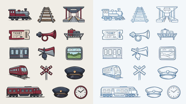 Collection of colorful and blue line art icons representing various elements of train travel, including locomotives, carriages, tracks, stations, tickets, and accessories.