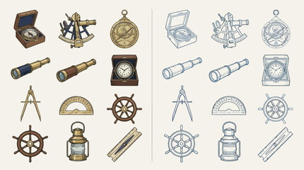 Collection of nautical instruments and tools, including sextants, compasses, telescopes, ship wheels, and lanterns, presented in both color and monochrome styles. © renender