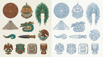 Collection of Aztec cultural symbols and artifacts, including pyramids, headdresses, masks, and weaponry, presented in both color and line art.
