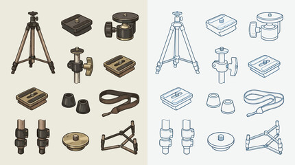 Collection of camera tripod accessories and components, including quick release plates, ball heads, and straps, presented in two distinct illustrative styles. © renender