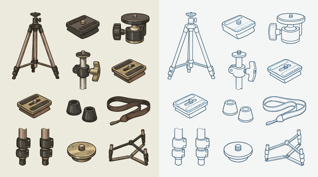 Collection of camera tripod accessories and components, including quick release plates, ball heads, and straps, presented in two distinct illustrative styles.