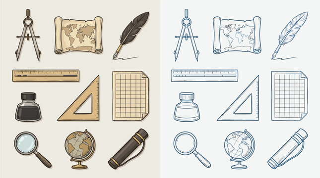 A collection of vintage cartography and drafting tools, including compasses, rulers, maps, globes, quills, and magnifying glasses.