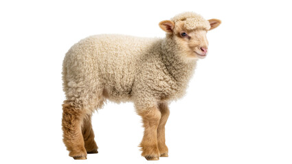Isolated young lamb with fluffy wool standing on its four legs, full body, studio shot © Elena
