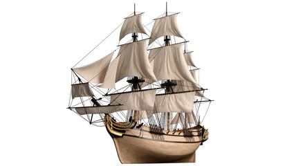 Isolated majestic detailed classic wooden sailing ship with full sails, a historic vessel. © Elena