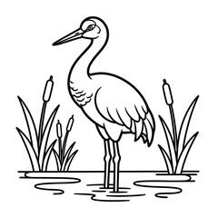 Fototapeta premium A black and white illustration of a heron standing in shallow water