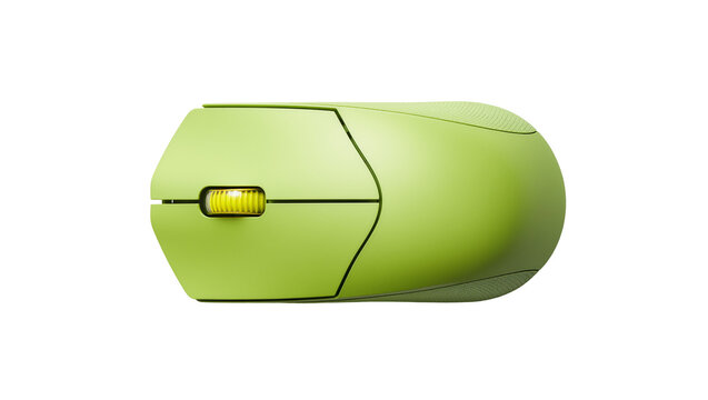 Isolated modern ergonomic computer mouse in vibrant green color with yellow scroll wheel