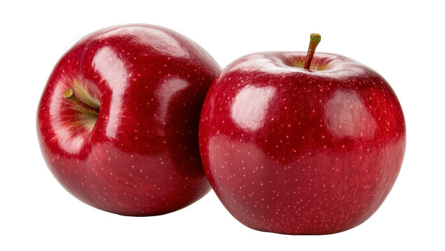 Isolated two fresh ripe red apples, glossy vibrant organic fruit, sweet healthy natural food