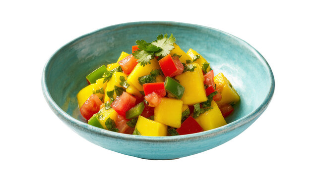 Isolated fresh vibrant mango salsa with diced peppers and cilantro in a turquoise bowl.