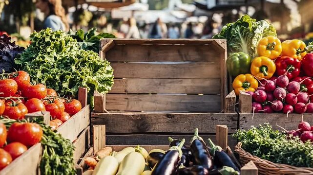 4K cinematic background inspired by farmers market vegetable display with wooden crates of colorful produce framing a central empty area for brand text.