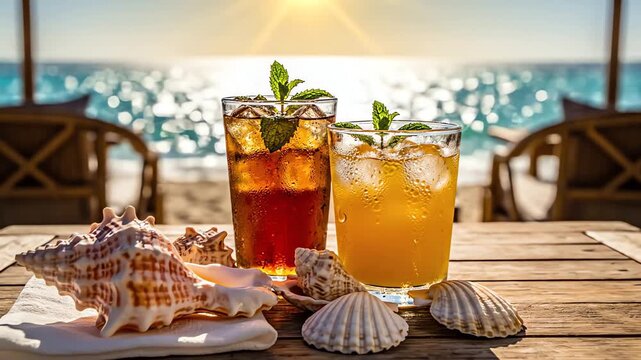 Two glasses of iced drinks with mint garnishes on a wooden table with seashells and a blurred beach background at sunset.