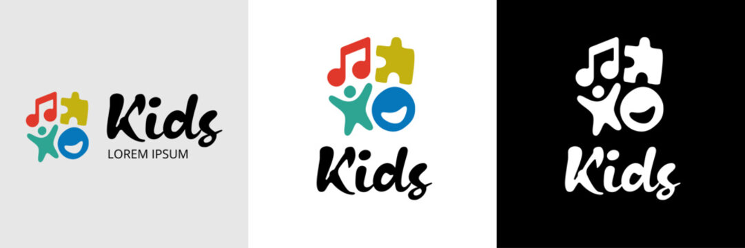 Kids education logo with music note, puzzle and happy child icon