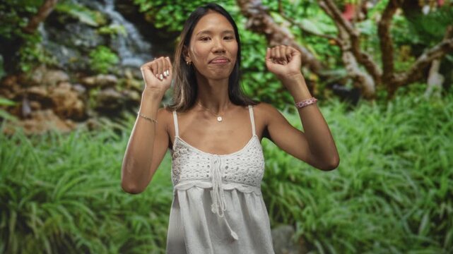 Thai woman in white dress raises fists and smiles, bare hands and bracelets visible while dancing in studio; joy freedom.