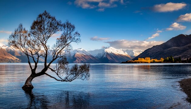 lone tree in lake wanaka on snow mountain at new zealand