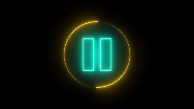 Glowing neon media player pause icon animation video and audio play stop control circle pause button sign symbol on black background