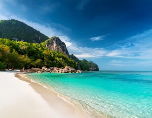 Obraz premium tropical island beach in thailand with turquoise sea water white sand and rock mountains under a summer sky