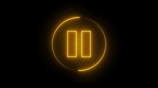Glowing neon media player pause icon animation video and audio play stop control circle pause button sign symbol on black background