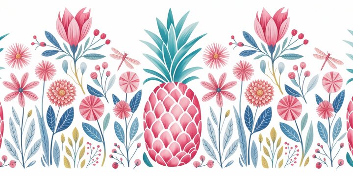 A seamless watercolor style border design featuring a pink pineapple and various pink and blue flowers and dragonflies